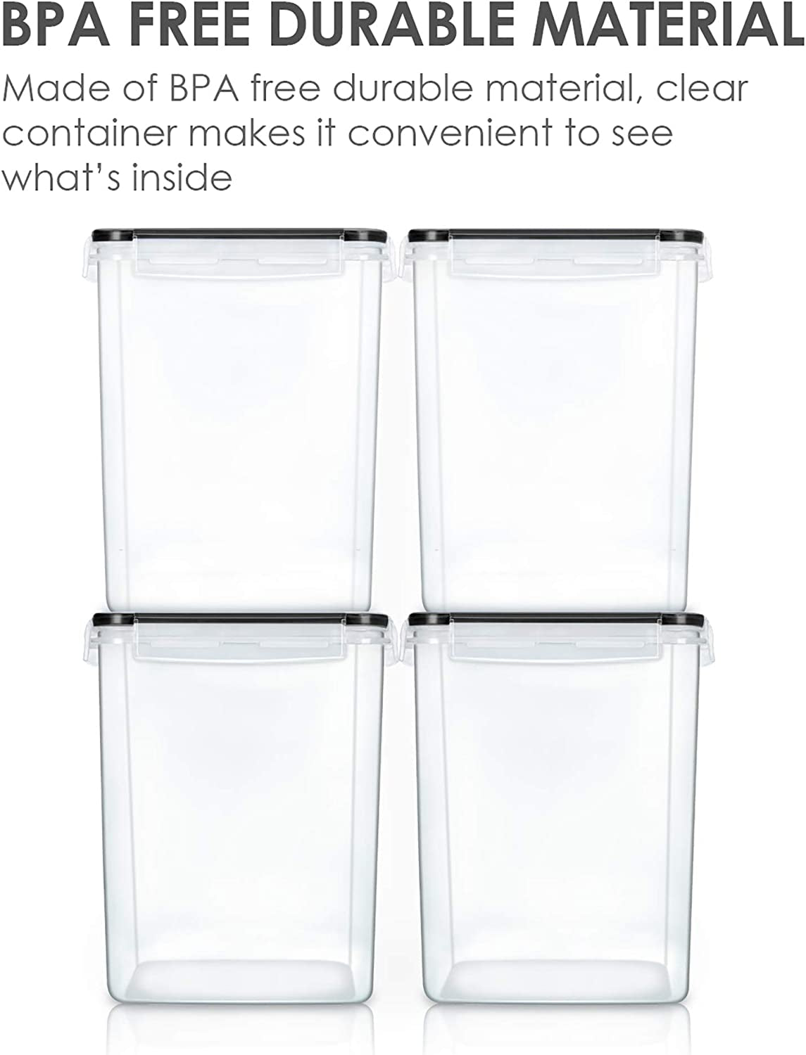 Large Food Storage Containers 5.2L / 176Oz, 4 Pieces BPA Free Plastic Airtight Food Storage Canisters for Flour, Sugar, Baking Supplies, with 4 Measuring Cups and 24 Labels, Black