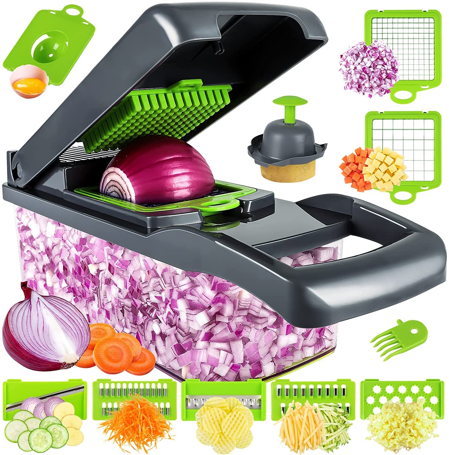 Vegetable Chopper, Pro Onion Chopper, Multifunctional 13 in 1 Food Chopper, Kitchen Vegetable Slicer Dicer Cutter,Veggie Chopper with 8 Blades,Carrot and Garlic Chopper with Container (Gray)