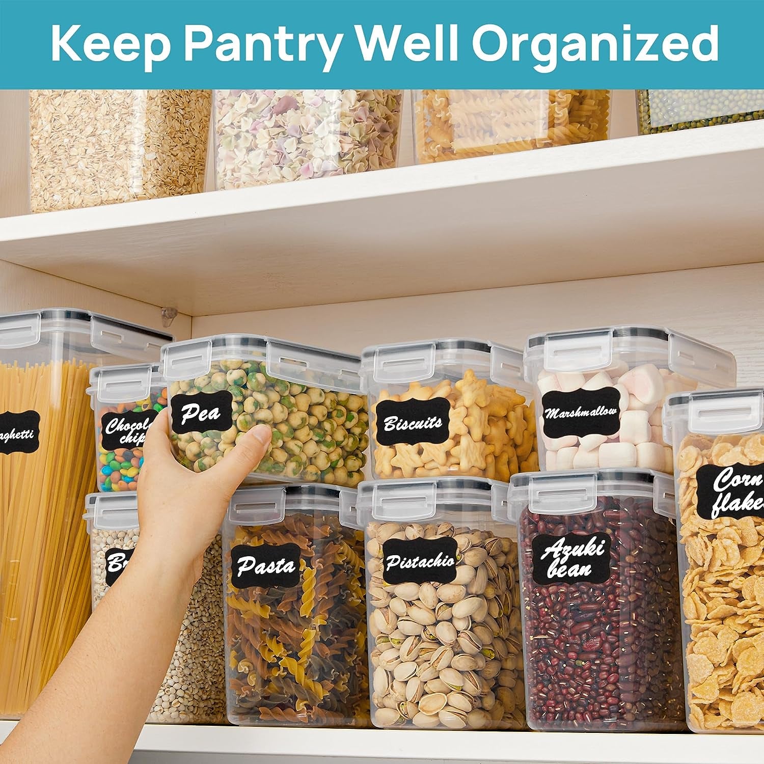 Airtight Food Storage Containers Set with Lids, 15Pcs BPA Free Plastic Dry Food Canisters for Kitchen Pantry Organization and Storage, Dishwasher Safe,Include 24 Labels, Black