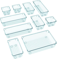 16 PCS Drawer Organizer Set, 5 Varied Size Bathroom and Kitchen Drawer Cabinet Organizer Trays, Clear Storage Bins for Makeup, Jewelry, Utensils and Gadgets