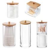 Acrylic Storage Box Bathroom Jar Makeup Organizer Cotton round Pad Holder Cotton Swab Box Qtip Holder Dispenser with Bamboo Lid