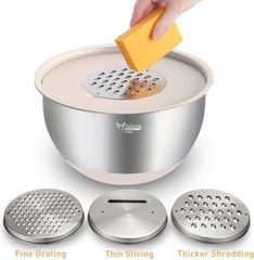 Mixing Bowls Set of 5, Stainless Steel Nesting Bowls with Khaki Lids, 3 Grater Attachments, Measurement Marks & Non-Slip Bottoms, Size 5, 3, 2, 1.5, 0.63 QT, Great for Mixing & Serving