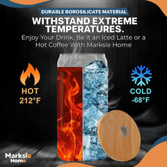 Glass Cups - Glass Cups with Lids and Straws - 16Oz Iced Coffee Cup 4Pcs Set - Glass Tumbler with Straw and Lid - Glass Coffee Cups - Ice Coffee Cup - Glass Cups with Bamboo Lids