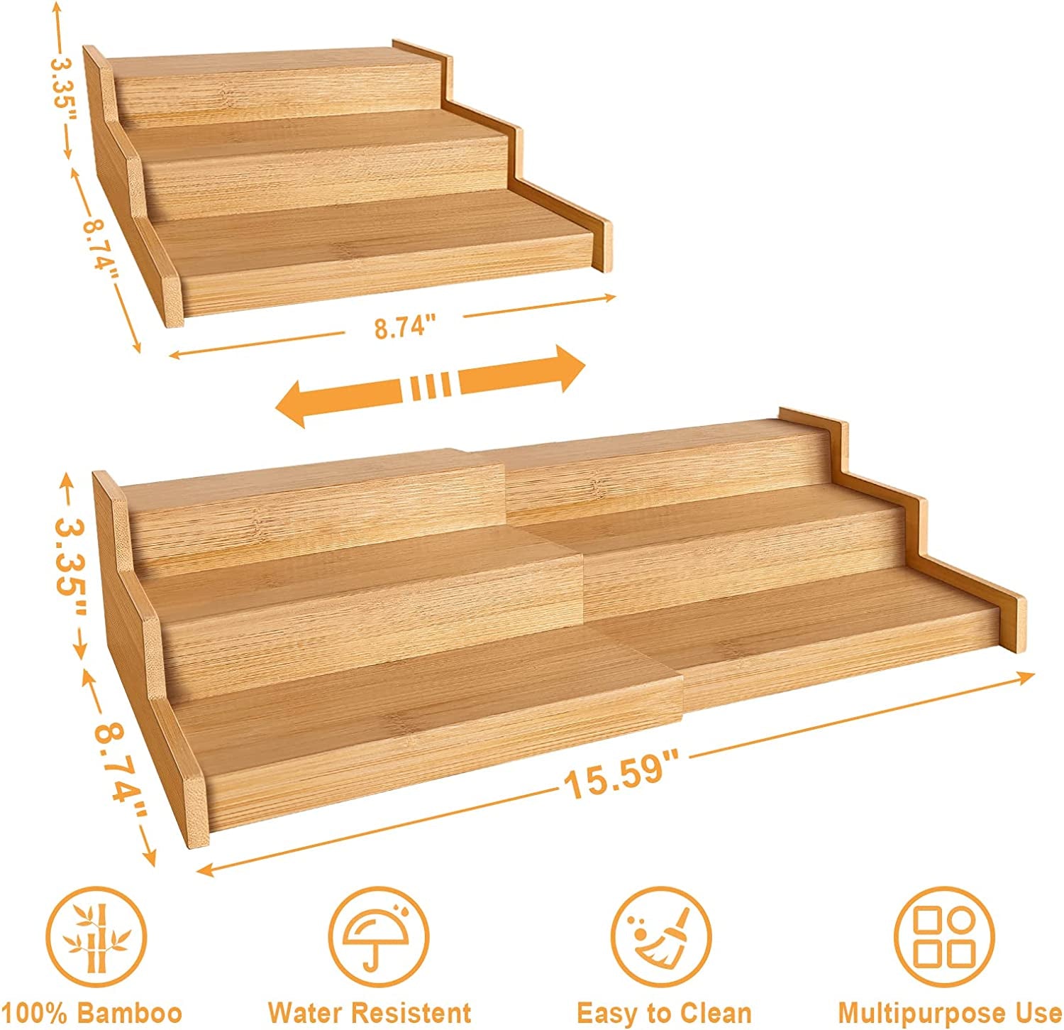 Spice Rack Organizer, 3 Tier Expandable Bamboo Spice Rack Organizer, Great for Kitchen Cabinet, Cupboard, Pantry and More-Bamboo