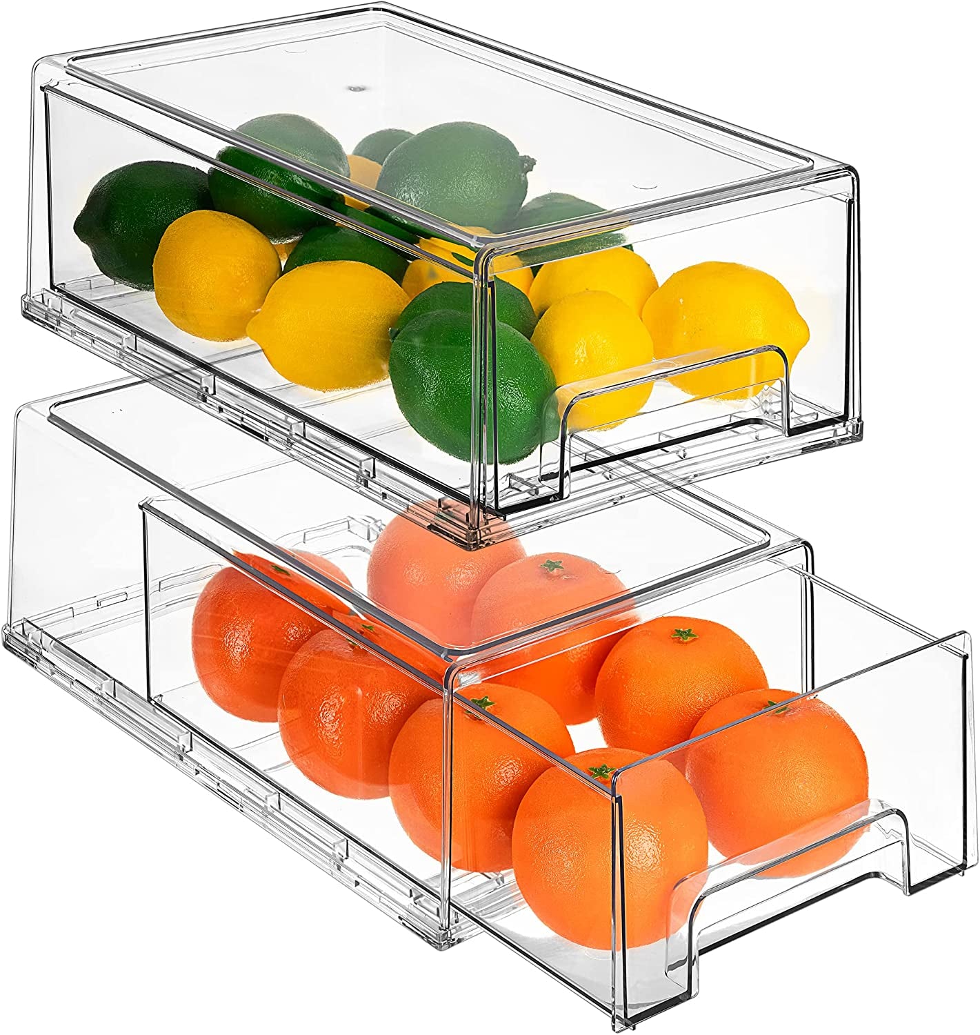 Fridge Drawers - Clear Stackable Pull Out Refrigerator Organizer Bins - Food Storage Containers for Kitchen, Refrigerator, Freezer, Vanity & Fridge Organization and Storage (2 Pack | Small)