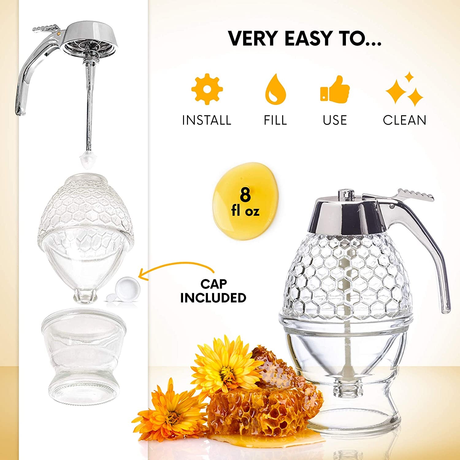 Honey Dispenser No Drip Glass - Honey Container - Maple Glass Syrup Dispenser - Beautiful Honey Comb Shaped Honey Pot - Glass Honey Jar with Stand - Great Bee Decor - Honey Containers