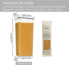 Airtight Food Storage Containers with Lids, 4 PCS 2.8L Pasta Containers for Pantry Organization and Storage, BPA Free Kitchen Storage Containers for Spaghetti, Flour, Sugar and Noodles, Black