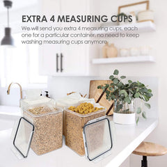 Large Food Storage Containers 5.2L / 176Oz, 4 Pieces BPA Free Plastic Airtight Food Storage Canisters for Flour, Sugar, Baking Supplies, with 4 Measuring Cups and 24 Labels, Black