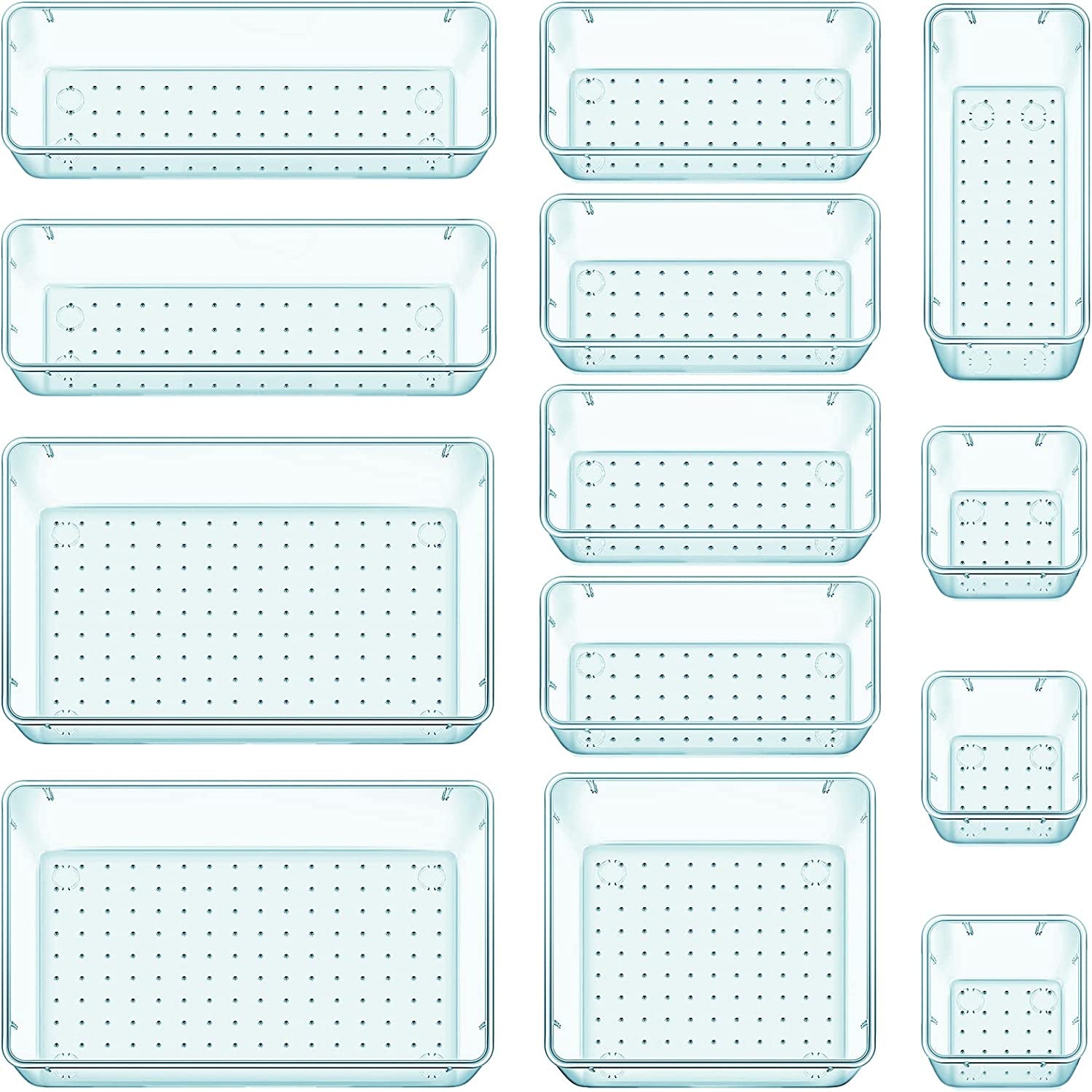16 PCS Drawer Organizer Set, 5 Varied Size Bathroom and Kitchen Drawer Cabinet Organizer Trays, Clear Storage Bins for Makeup, Jewelry, Utensils and Gadgets
