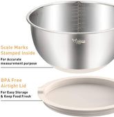 Mixing Bowls Set of 5, Stainless Steel Nesting Bowls with Khaki Lids, 3 Grater Attachments, Measurement Marks & Non-Slip Bottoms, Size 5, 3, 2, 1.5, 0.63 QT, Great for Mixing & Serving