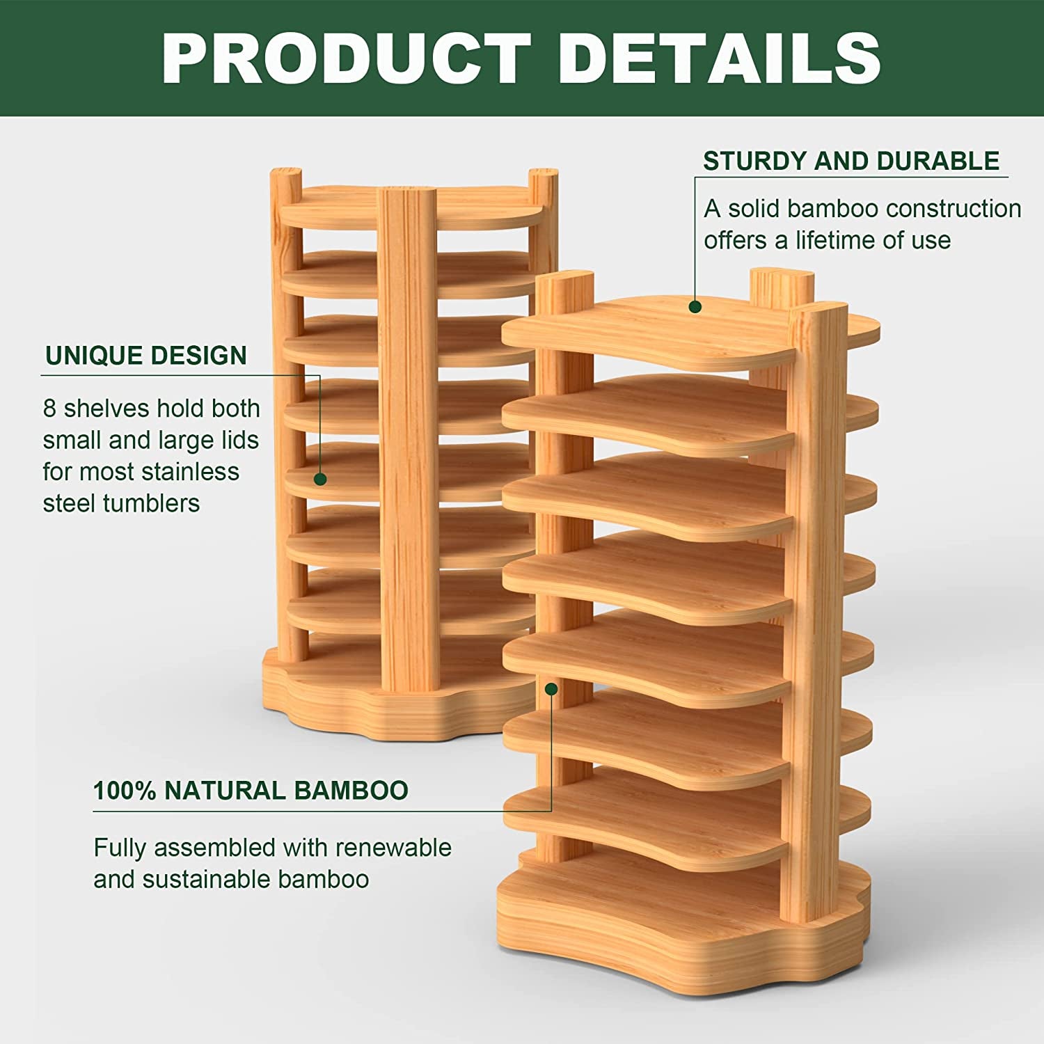 Tumbler Lid Organizer, Bamboo Cup Lid Organizer for Cabinet, Water Bottle Lid Organizer, Vertical Lid Storage Organization for Kitchen Countertop/Cupboard