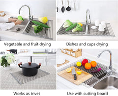 17.7" X 15.5" Roll up Dish Drying Rack over Sink Drying Rack Sink Cover Kitchen Sink Accessories Gadget Multipurpose Organizer Foldable Stainless Steel Drainer (Grey)