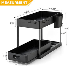2 Pack Pull Out under Sink Organizer 2 Tier Multi Purpose for Bathroom Kitchen Sink Storage Organizer with Hook & Hanging Cup Matte Black Sliding Cabinet Organizer