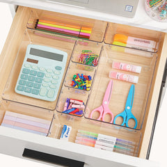 44 PCS Clear Plastic Drawer Organizers Set, 4-Size Versatile Bathroom and Vanity Organizer Trays, Non-Slip Storage Containers for Makeup, Jewelries, Bedroom,Kitchen Utensils and Office