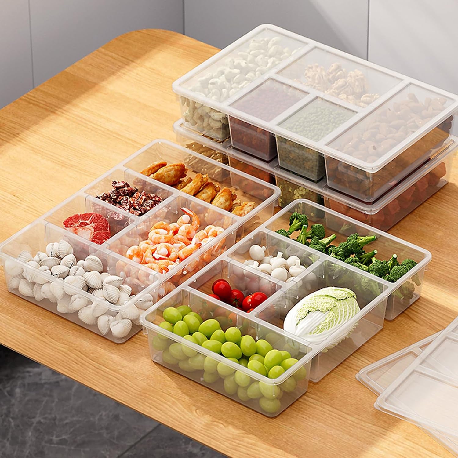 2Pack Serving Trays for Party Divided Veggie Tray with Lid Sealed Sectioned Fruit Snack Serving Platter Vegetable Storage with 4 Compartments Snackle Box Charcuterie Container Fridge Organizer