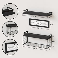 Floating Shelves with Wall Décor Sign, Bathroom Shelves over Toilet with Wire Storage Basket, Wood Wall Shelves with Protective Metal Guardrail– Black