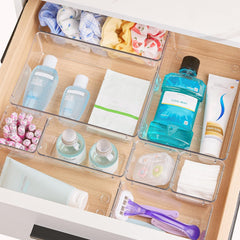 44 PCS Clear Plastic Drawer Organizers Set, 4-Size Versatile Bathroom and Vanity Organizer Trays, Non-Slip Storage Containers for Makeup, Jewelries, Bedroom,Kitchen Utensils and Office