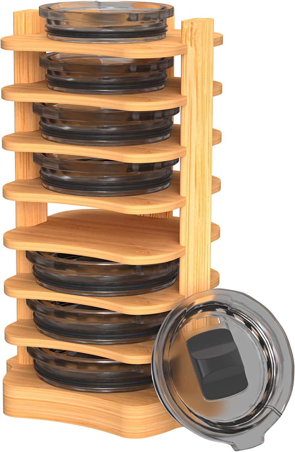 Tumbler Lid Organizer, Bamboo Cup Lid Organizer for Cabinet, Water Bottle Lid Organizer, Vertical Lid Storage Organization for Kitchen Countertop/Cupboard