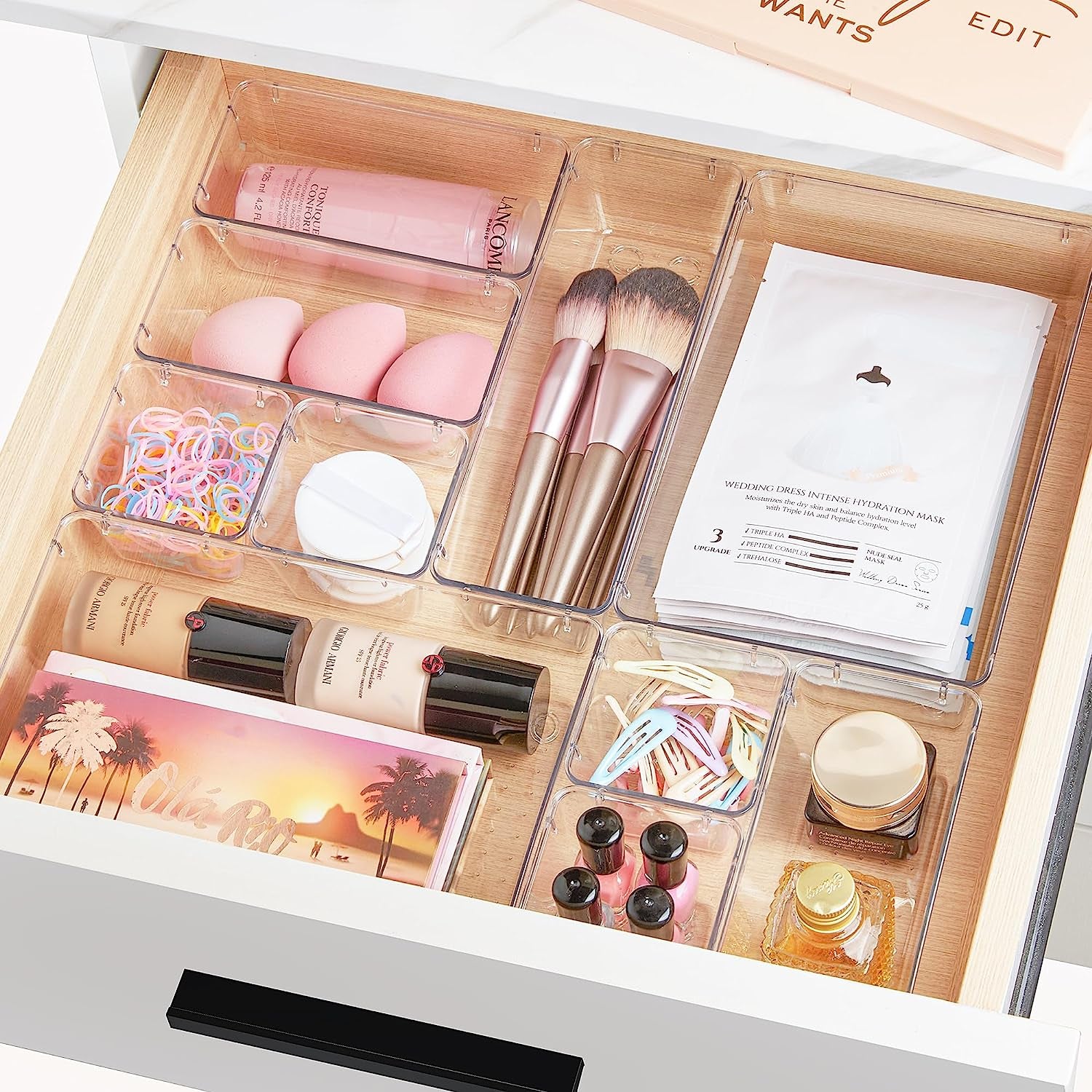 44 PCS Clear Plastic Drawer Organizers Set, 4-Size Versatile Bathroom and Vanity Organizer Trays, Non-Slip Storage Containers for Makeup, Jewelries, Bedroom,Kitchen Utensils and Office