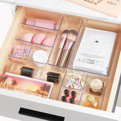 44 PCS Clear Plastic Drawer Organizers Set, 4-Size Versatile Bathroom and Vanity Organizer Trays, Non-Slip Storage Containers for Makeup, Jewelries, Bedroom,Kitchen Utensils and Office