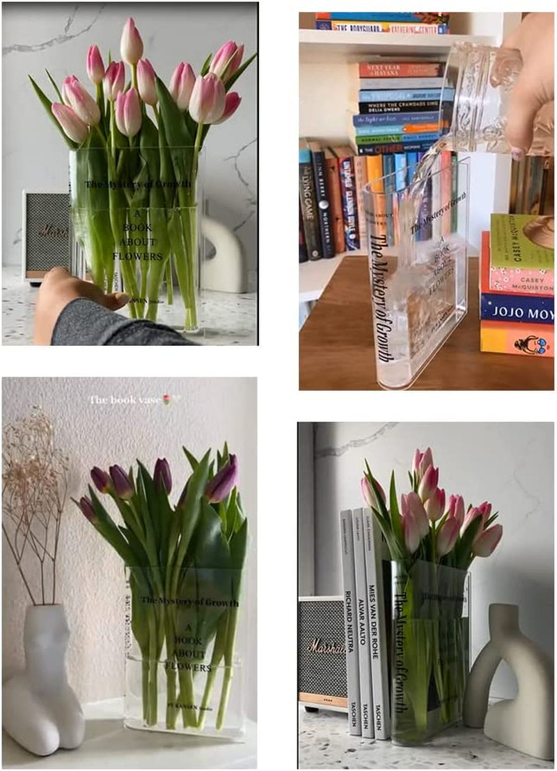 Book Vase for Flowers, Acrylic Clear Book Flower Vase, a Book about Flowers Vase, Unique Home/Bedroom/Office Accent Flowers Vase Decor(Clear - B)