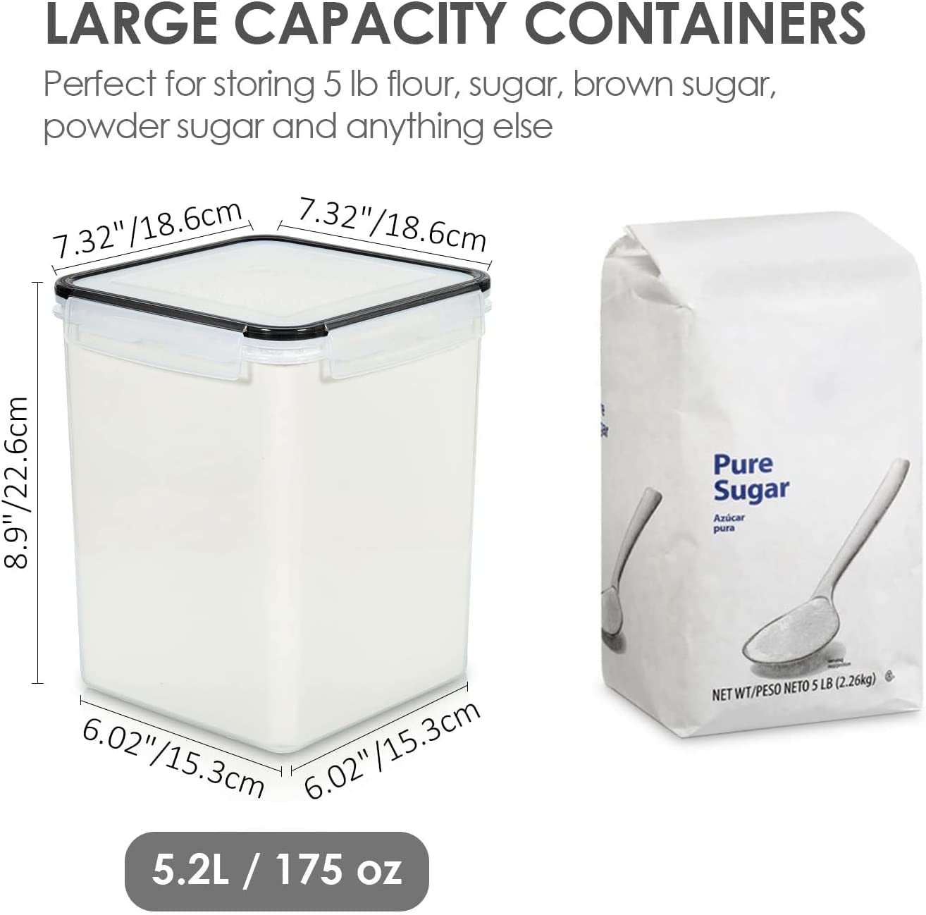 Large Food Storage Containers 5.2L / 176Oz, 4 Pieces BPA Free Plastic Airtight Food Storage Canisters for Flour, Sugar, Baking Supplies, with 4 Measuring Cups and 24 Labels, Black