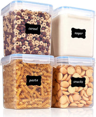 Large Food Storage Containers 5.2L / 176Oz, 4 Pieces BPA Free Plastic Airtight Food Storage Canisters for Flour, Sugar, Baking Supplies, with 4 Measuring Cups and 24 Labels, Black