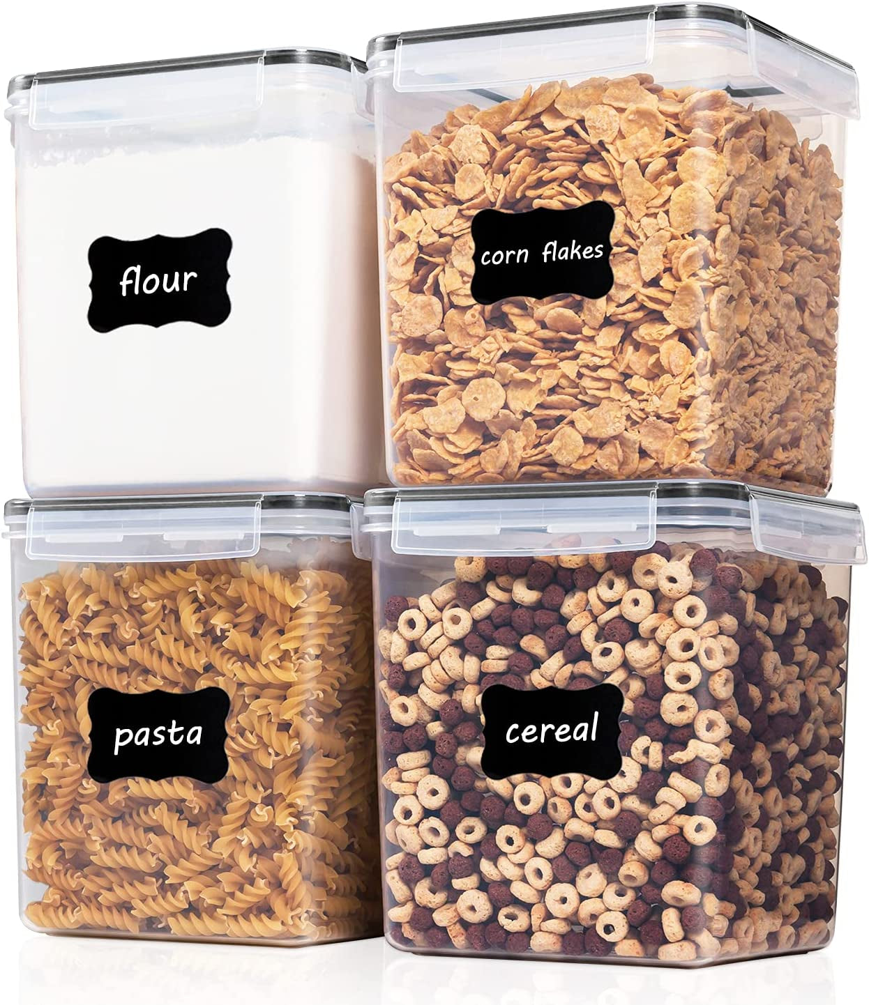 Large Food Storage Containers 5.2L / 176Oz, 4 Pieces BPA Free Plastic Airtight Food Storage Canisters for Flour, Sugar, Baking Supplies, with 4 Measuring Cups and 24 Labels, Black