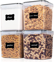 Large Food Storage Containers 5.2L / 176Oz, 4 Pieces BPA Free Plastic Airtight Food Storage Canisters for Flour, Sugar, Baking Supplies, with 4 Measuring Cups and 24 Labels, Black