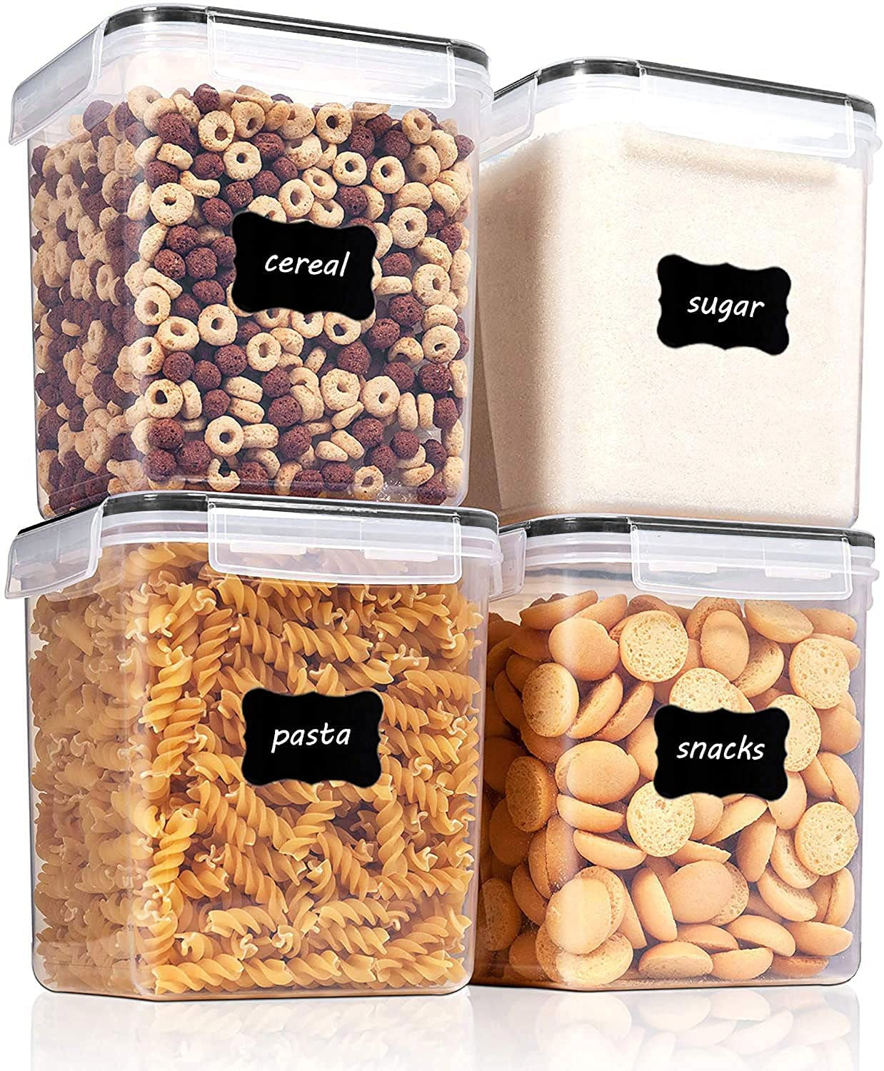 Large Food Storage Containers 5.2L / 176Oz, 4 Pieces BPA Free Plastic Airtight Food Storage Canisters for Flour, Sugar, Baking Supplies, with 4 Measuring Cups and 24 Labels, Black