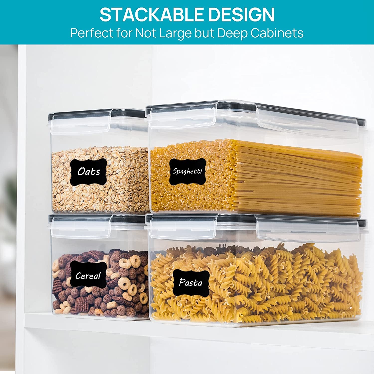 Airtight Food Storage Containers with Lids 4PCS Set 3.2L, Plastic Spaghetti Container for Pasta Organizer, BPA Free Air Tight House Kitchen Pantry Organization and Storage