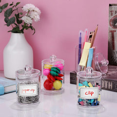 4 PACK Qtip Holder Dispenser for Cotton Ball, Cotton Swab, Cotton round Pads, Floss Picks - 10 Oz Clear Plastic Apothecary Jar Set for Bathroom Canister Storage Organization, Vanity Makeup Organizer