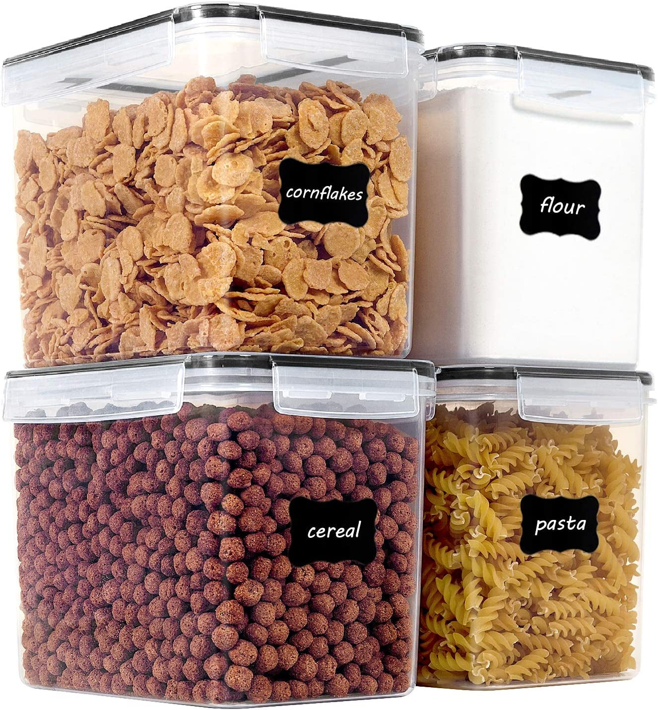 Large Food Storage Containers 5.2L / 176Oz, 4 Pieces BPA Free Plastic Airtight Food Storage Canisters for Flour, Sugar, Baking Supplies, with 4 Measuring Cups and 24 Labels, Black