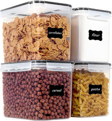 Large Food Storage Containers 5.2L / 176Oz, 4 Pieces BPA Free Plastic Airtight Food Storage Canisters for Flour, Sugar, Baking Supplies, with 4 Measuring Cups and 24 Labels, Black
