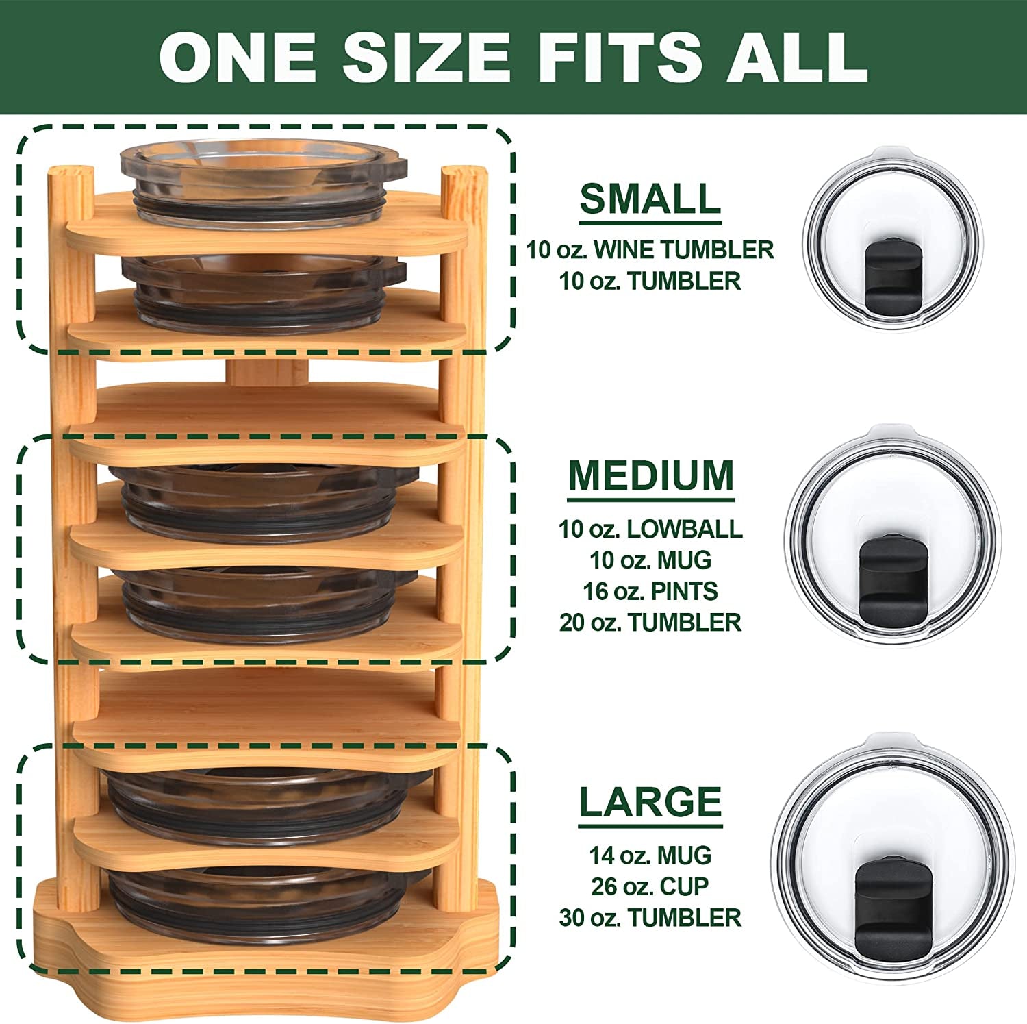 Tumbler Lid Organizer, Bamboo Cup Lid Organizer for Cabinet, Water Bottle Lid Organizer, Vertical Lid Storage Organization for Kitchen Countertop/Cupboard