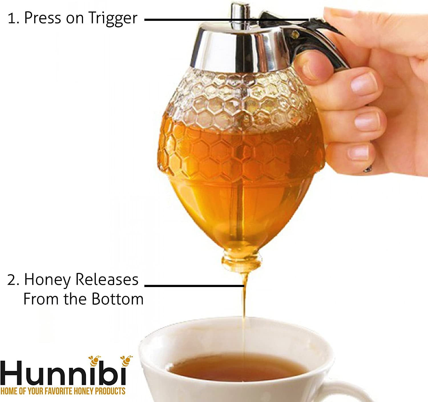 Honey Dispenser No Drip Glass - Honey Container - Maple Glass Syrup Dispenser - Beautiful Honey Comb Shaped Honey Pot - Glass Honey Jar with Stand - Great Bee Decor - Honey Containers