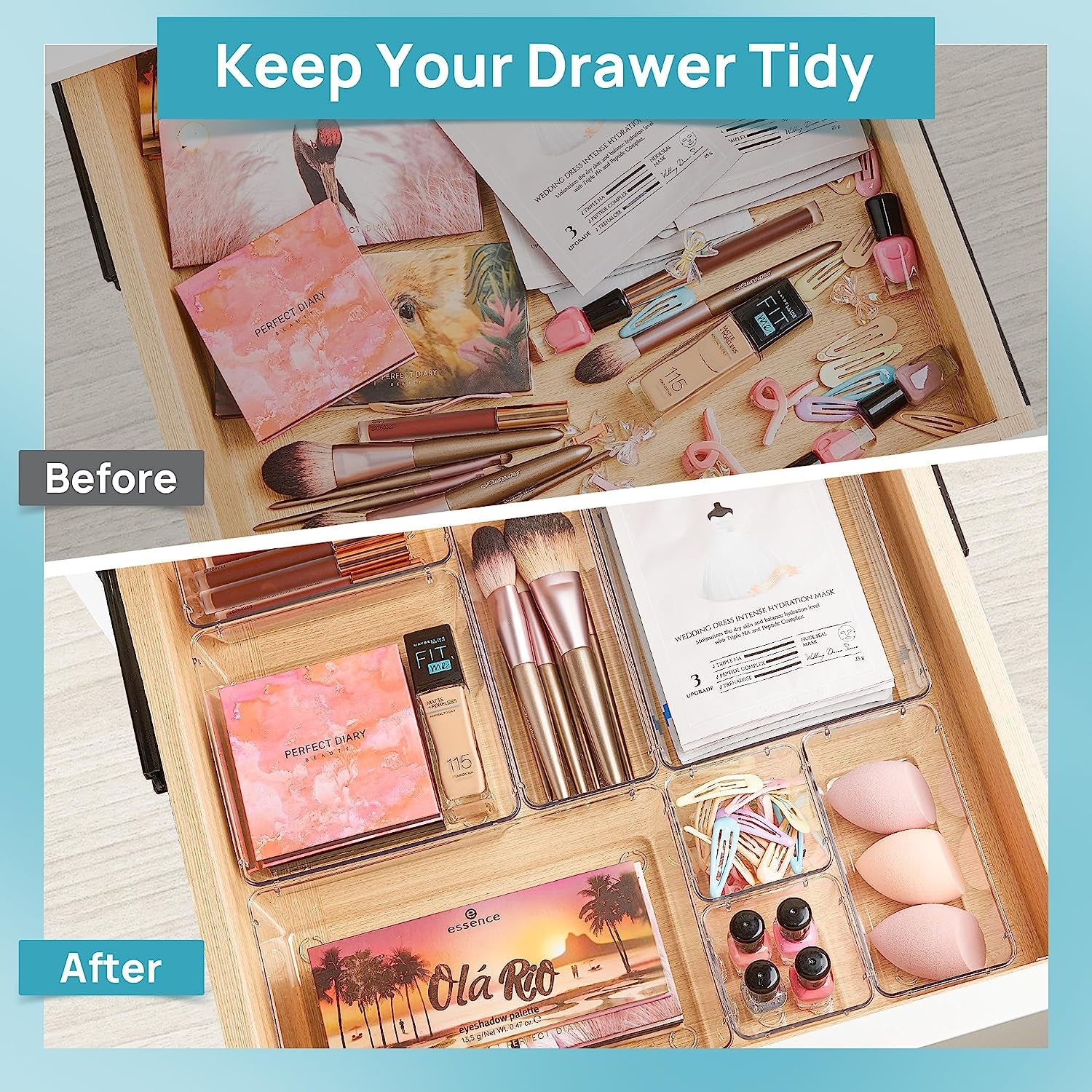 44 PCS Clear Plastic Drawer Organizers Set, 4-Size Versatile Bathroom and Vanity Organizer Trays, Non-Slip Storage Containers for Makeup, Jewelries, Bedroom,Kitchen Utensils and Office