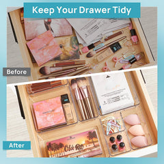 44 PCS Clear Plastic Drawer Organizers Set, 4-Size Versatile Bathroom and Vanity Organizer Trays, Non-Slip Storage Containers for Makeup, Jewelries, Bedroom,Kitchen Utensils and Office
