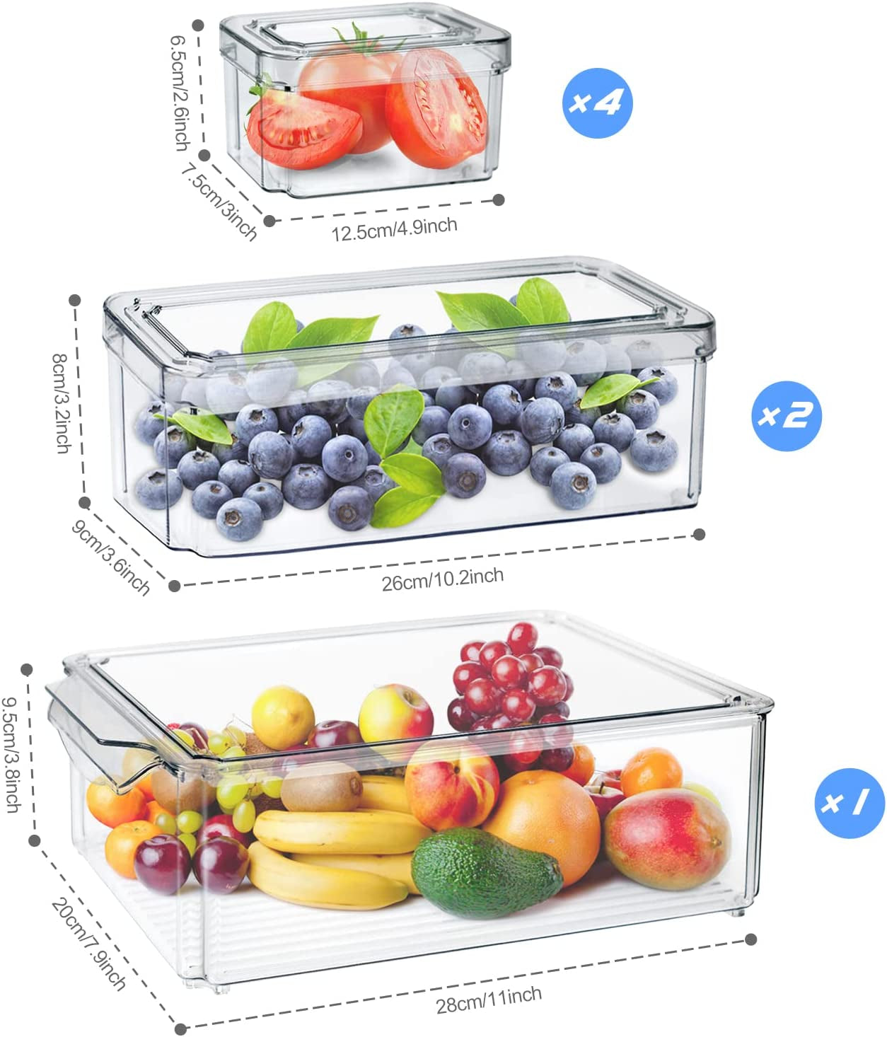 Fridge Organizer - Refrigerator Organizer Bins, 7Pcs Fridge Organizer and Storage Clear, Stackable Fridge Organizer Bins with Lid BPA Free Egg Organizer for Refrigerator