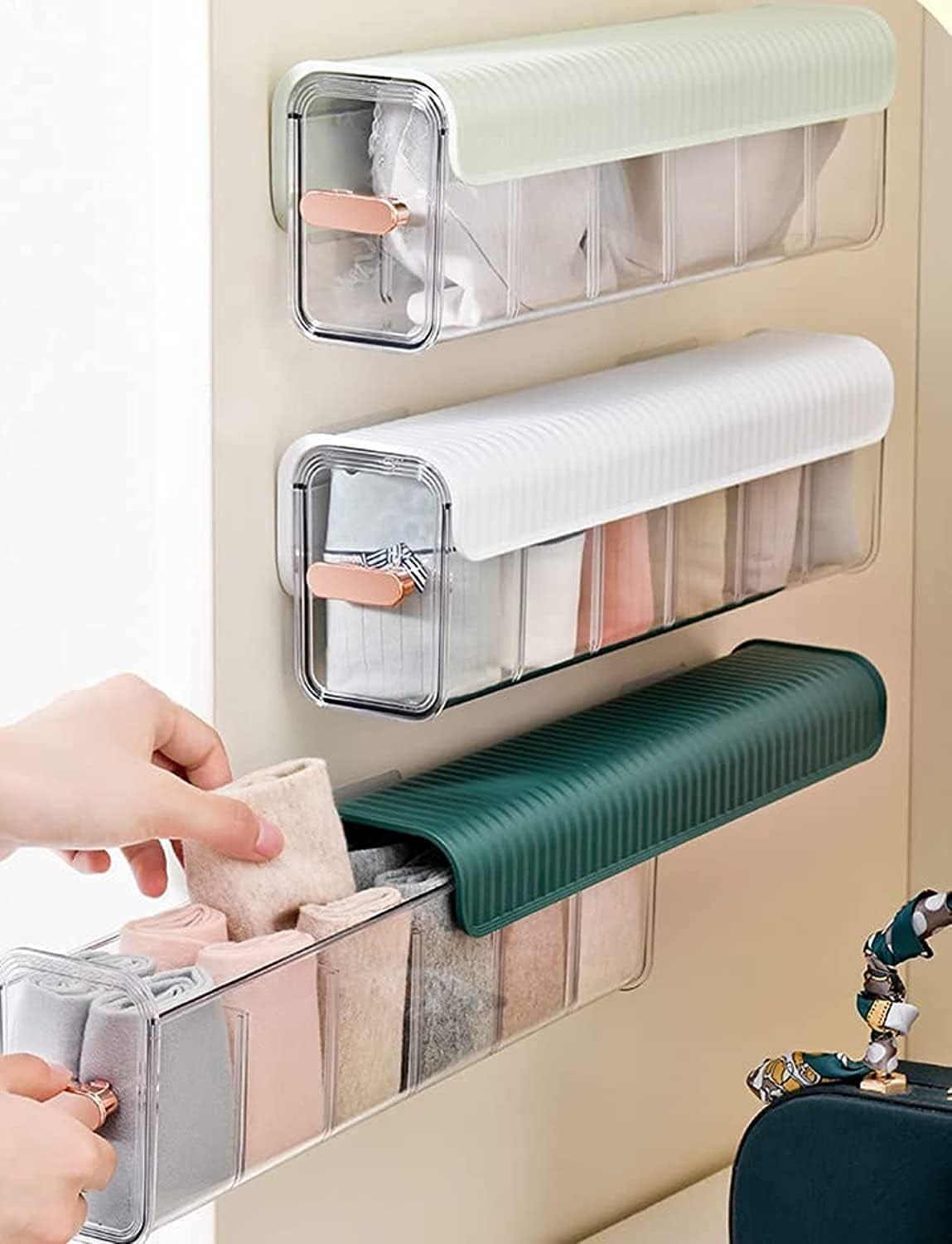 Socks Underwear Wall Mount Drawer Organizer, Switchable 6 Cell Drawer Acrylic Organizers Self-Adhesive anti Dust Storage Boxes for Clothes Socks Lingerie Underwear Ties (Ivory White)