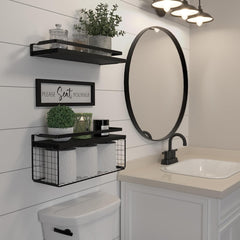 Floating Shelves with Wall Décor Sign, Bathroom Shelves over Toilet with Wire Storage Basket, Wood Wall Shelves with Protective Metal Guardrail– Black