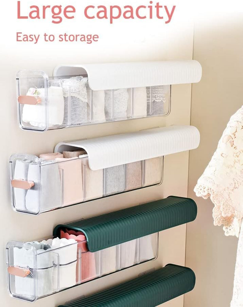 Socks Underwear Wall Mount Drawer Organizer, Switchable 6 Cell Drawer Acrylic Organizers Self-Adhesive anti Dust Storage Boxes for Clothes Socks Lingerie Underwear Ties (Ivory White)