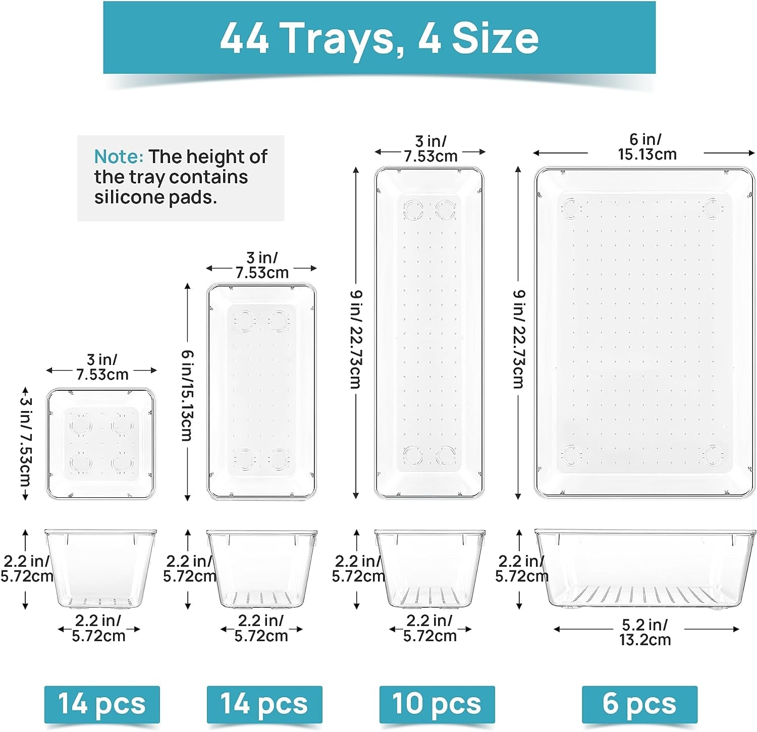 44 PCS Clear Plastic Drawer Organizers Set, 4-Size Versatile Bathroom and Vanity Organizer Trays, Non-Slip Storage Containers for Makeup, Jewelries, Bedroom,Kitchen Utensils and Office