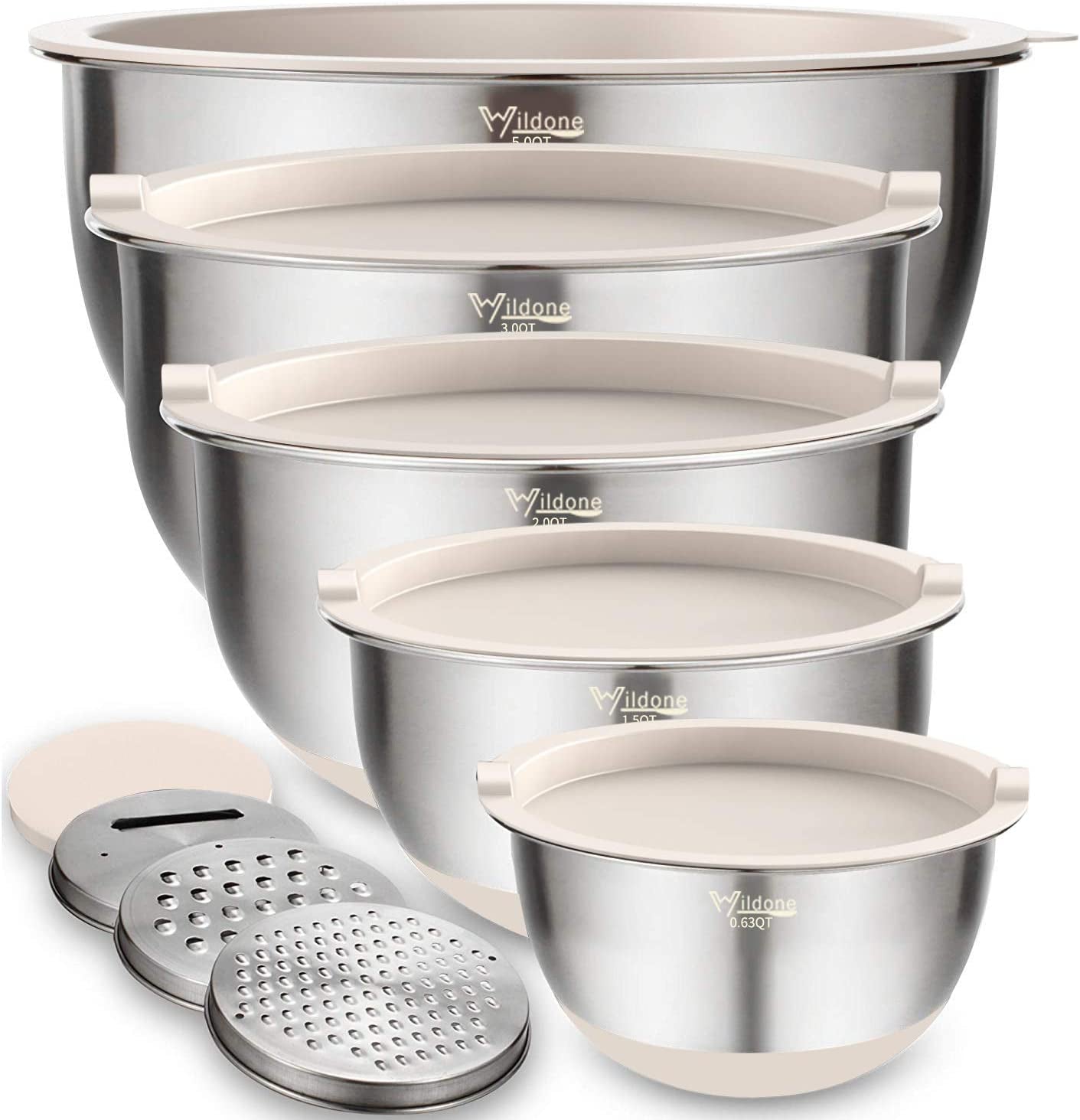 Mixing Bowls Set of 5, Stainless Steel Nesting Bowls with Khaki Lids, 3 Grater Attachments, Measurement Marks & Non-Slip Bottoms, Size 5, 3, 2, 1.5, 0.63 QT, Great for Mixing & Serving