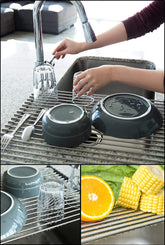 17.7" X 15.5" Roll up Dish Drying Rack over Sink Drying Rack Sink Cover Kitchen Sink Accessories Gadget Multipurpose Organizer Foldable Stainless Steel Drainer (Grey)