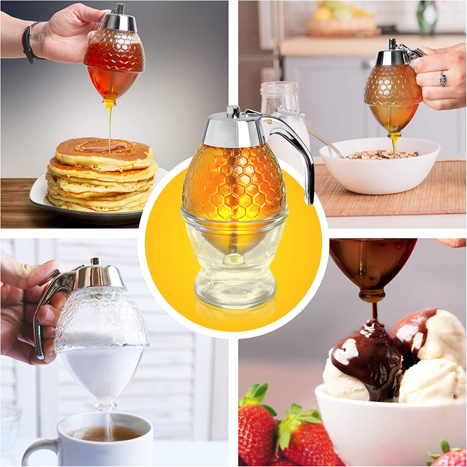 Honey Dispenser No Drip Glass - Honey Container - Maple Glass Syrup Dispenser - Beautiful Honey Comb Shaped Honey Pot - Glass Honey Jar with Stand - Great Bee Decor - Honey Containers