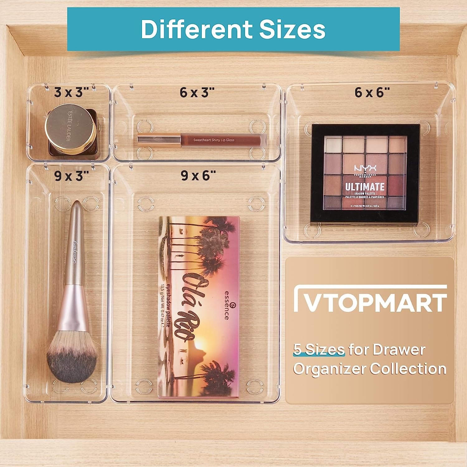 44 PCS Clear Plastic Drawer Organizers Set, 4-Size Versatile Bathroom and Vanity Organizer Trays, Non-Slip Storage Containers for Makeup, Jewelries, Bedroom,Kitchen Utensils and Office