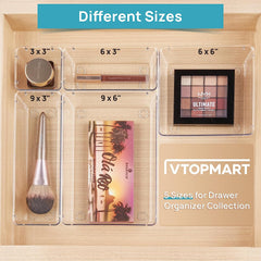 44 PCS Clear Plastic Drawer Organizers Set, 4-Size Versatile Bathroom and Vanity Organizer Trays, Non-Slip Storage Containers for Makeup, Jewelries, Bedroom,Kitchen Utensils and Office