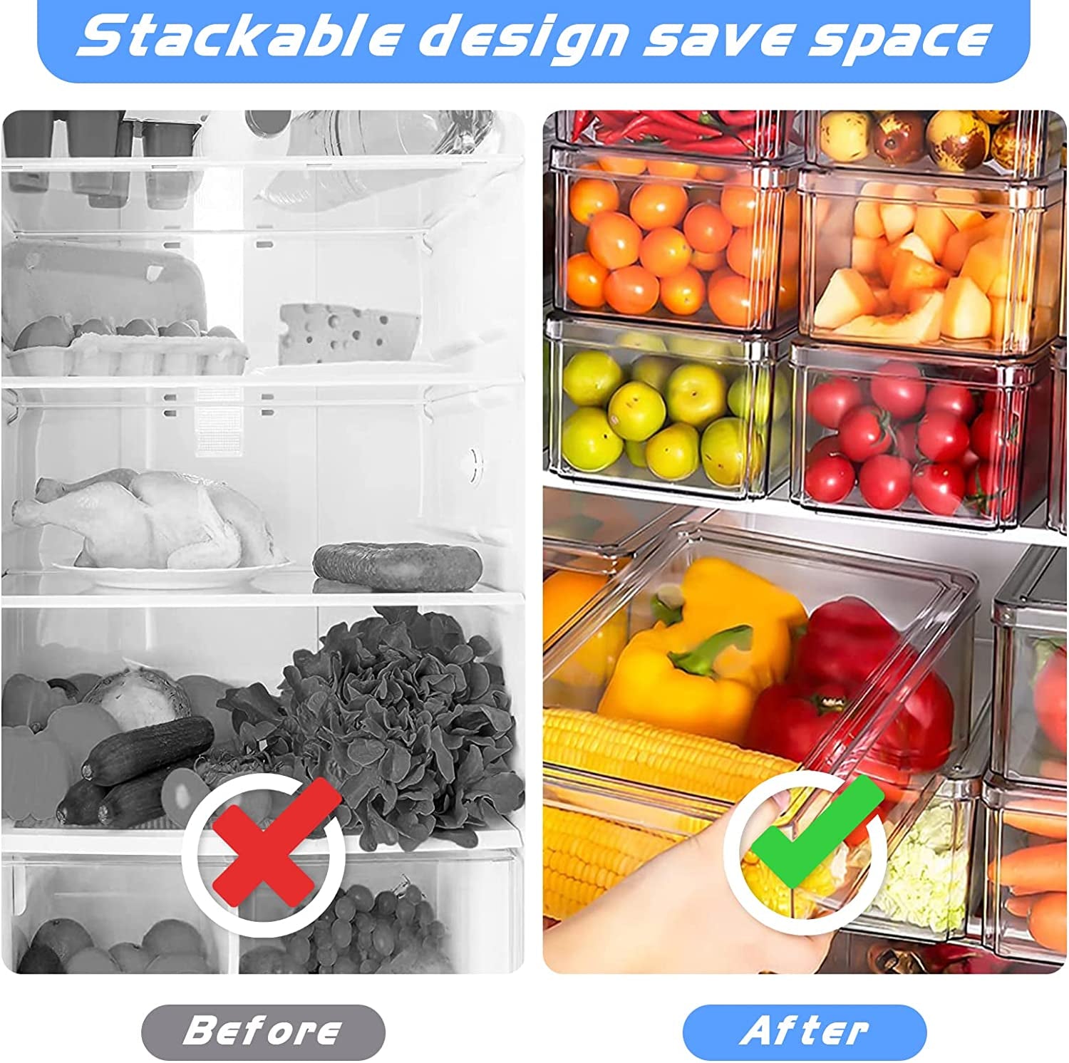Fridge Organizer - Refrigerator Organizer Bins, 7Pcs Fridge Organizer and Storage Clear, Stackable Fridge Organizer Bins with Lid BPA Free Egg Organizer for Refrigerator