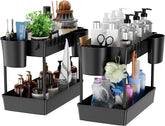 under Sink Organizer, 2 Tier Kitchen under Cabinet Countertop Organizers Storage Rack Basket with 10 Hooks and 4 Hanging Cup for Bathroom,Multi-Purpose Storage Shelf for Kitchen (2)